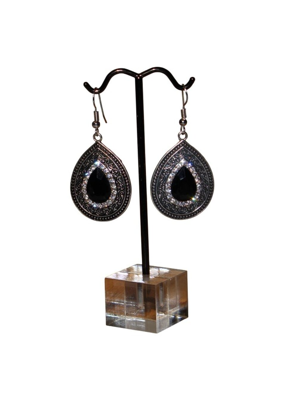 Vintage Silver Black Teardrop Rhinestone Dangle Costume Earrings Boho